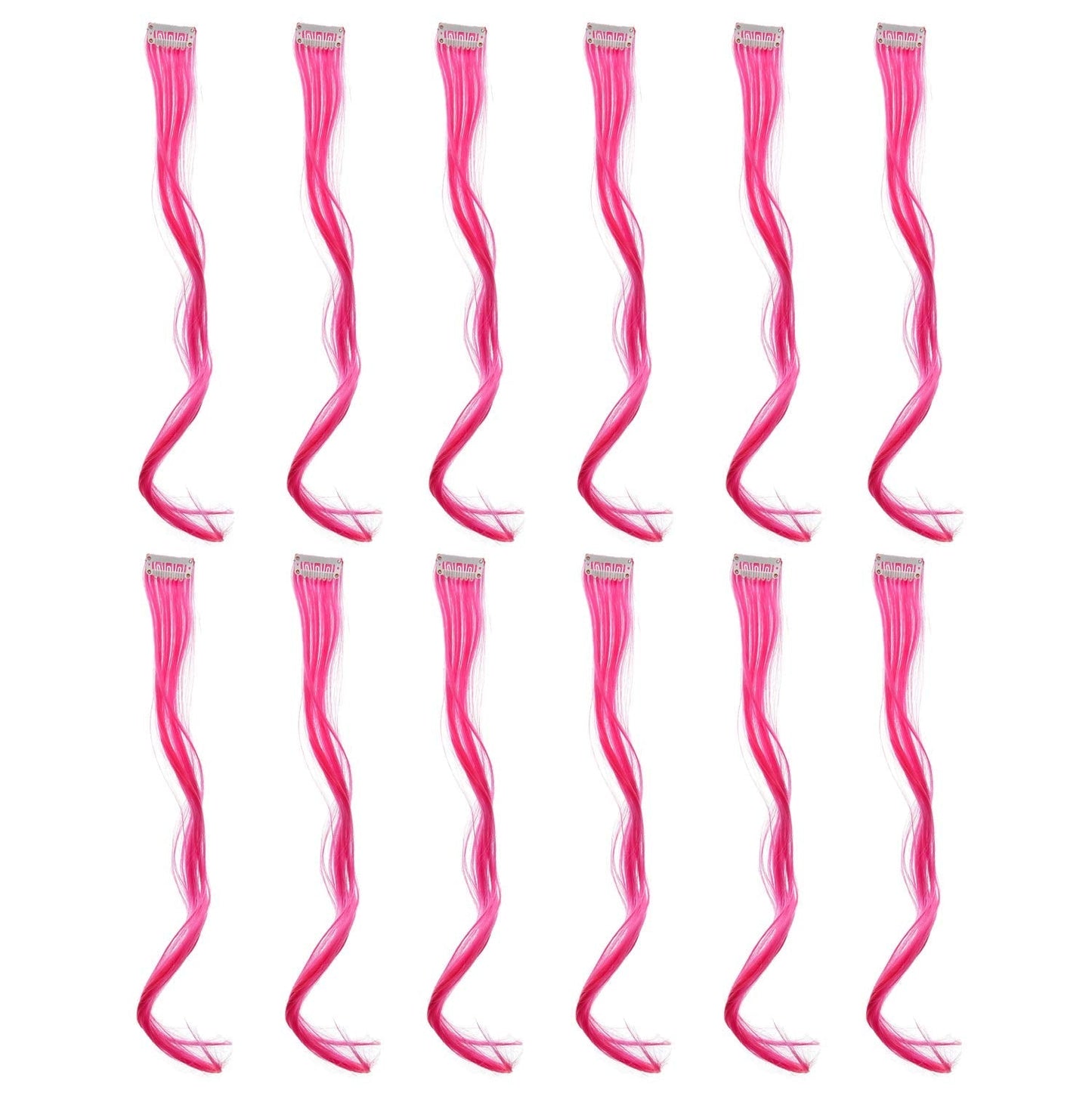 Swacc 12 Pcs Curly Wavy One Color Party Highlights Clip On In Hair Extensions Colored Hair Streak Synthetic Hairpieces (Neon Pin