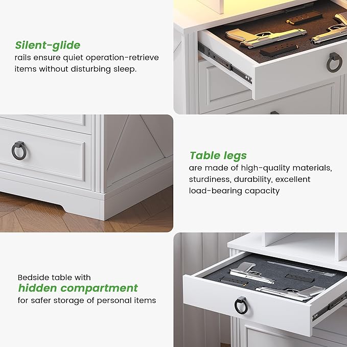 HNEBC Night Stand with Gun Drawers, Farmhouse Nightstand with Charging Station, Secret Bedside tabel with 3 Color Auto Light, Smart End Table with Hidden Storage for Bedroom Furniture-White