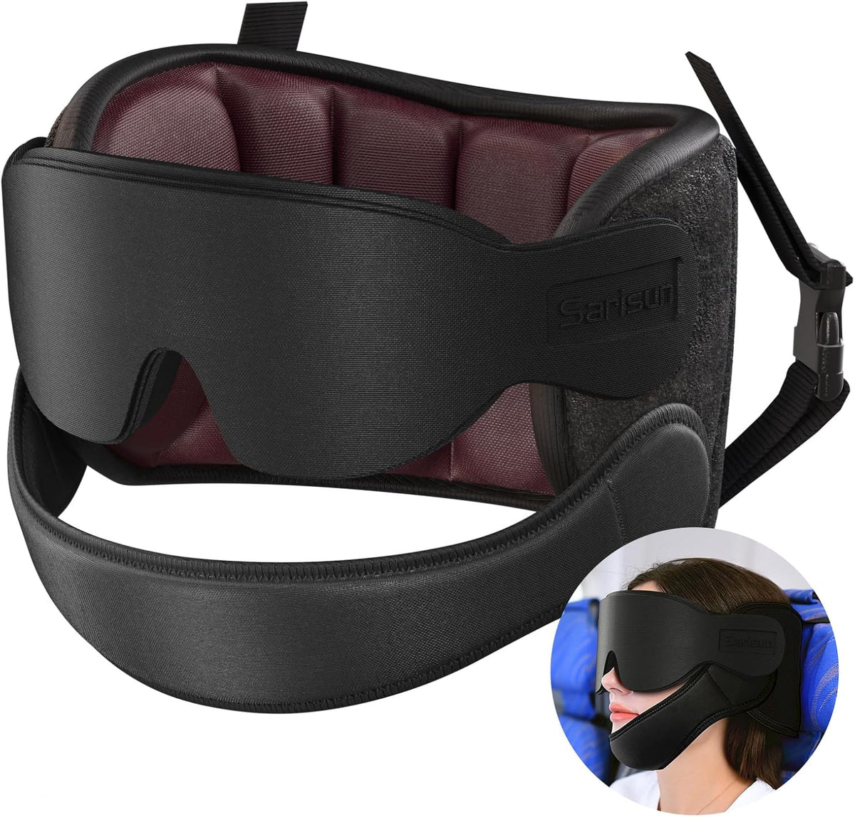 SARISUN Travel Pillows for Airplanes with Sleep Eye Mask, Chin Strap, Airplane Pillow for Long Flights, Car Road Trip, 360° Support Headrest, Travel Essentials Stop Bobblehead, Mottled Blue