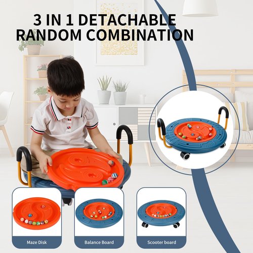 3-In-1 Balance Scooter Board for Kids,Plastic Wobble Balance Board Rocker Maze with Handles, 5 Balls, Toddler Floor Scooter Boards for Sensory Training, Physical Therapy (Blue)