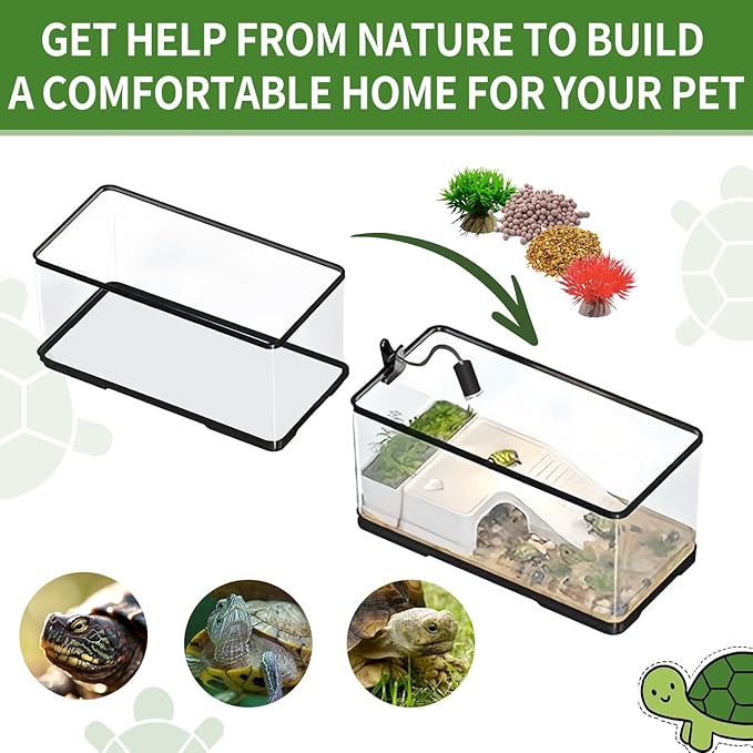 (Tank + Light + Filter + Filter Balls) Turtle Tank Kit, Turtle Tank Starter Kit,Bottom Drainage, Multi-Function Areas for Turtles, Crabs,Fishes, Amphibians,Reptiles.(15.75 x 8.64 x 8.64 Inch)