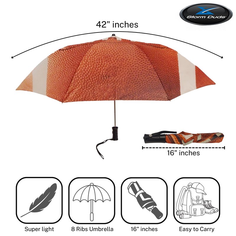Storm Duds Ultra-Water Resistant Football Umbrella - 42” Coverage w/Molded Handle and Wrist Strap - Flexible, Wind & Rust Resistant Folds to 15.5 Inches