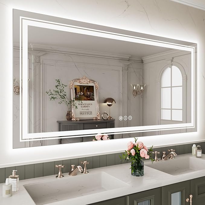 WTTY 48"x40" LED Bathroom Mirror with Lights, Front Lighted Bathroom Vanity Mirrors for Wall, Anti-Fog, Dimmable Wall Mirrors for Bathroom, Memory, Shatter-Proof, Double LED Vanity Mirror