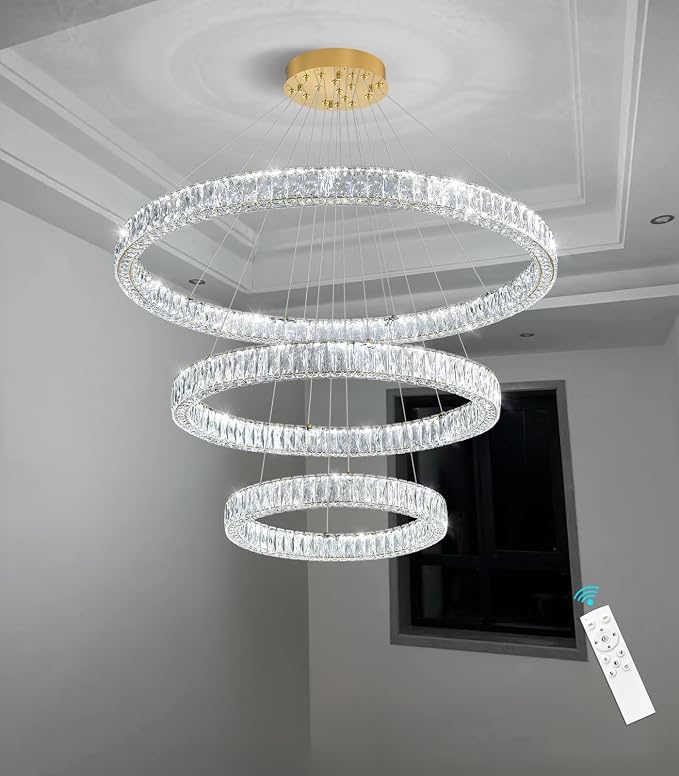 HAIXIANG Large Glam Chandelier Crystal LED 3 Rings Chandeliers Adjustable