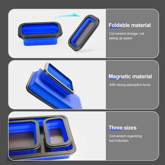 Collapsible Magnetic Parts Tray Set Foldable Magnetic Tray 3 Different Size Silicone Tool Trays for Screw, Bolts,Nuts,with Magnetic Base Stores and Organizes Small Parts and Tools