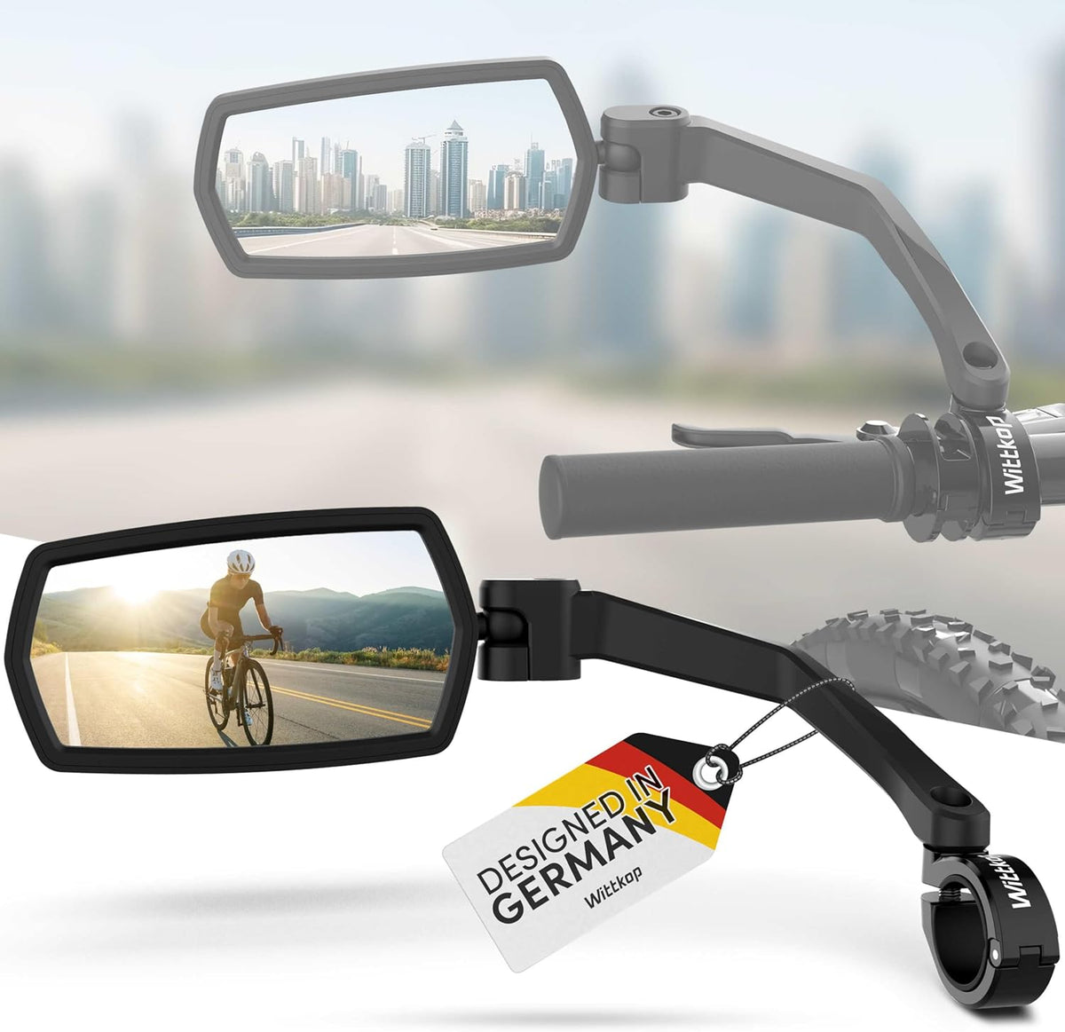 WITTKOP Bike Mirror - Large HD Field of Vision | 360° Rotatable & Foldable | Durable & Break-Proof