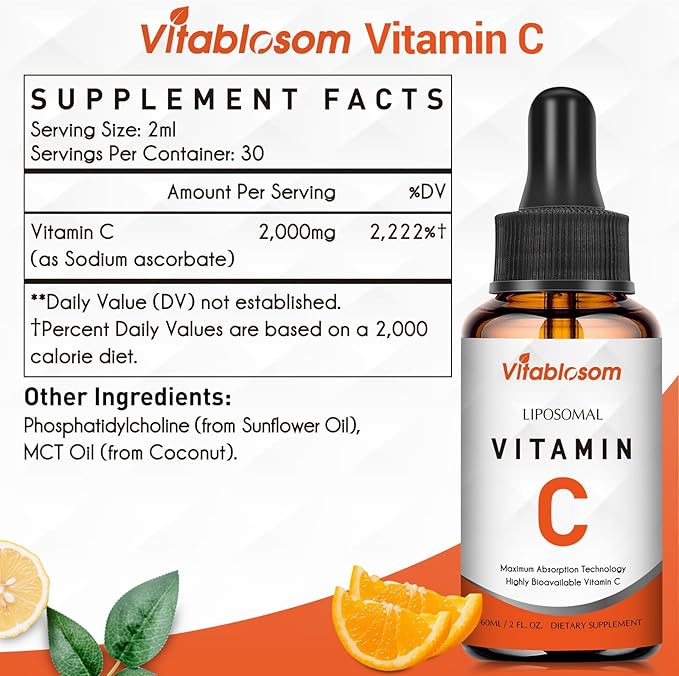 Liposomal Vitamin C 2000mg Liquid for Adults, High Absorption VIT C, Maximize Vitamin C, Good for Immune System & Antioxidant, 60ML (6 Bottles)