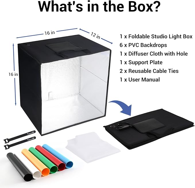 16x16x12 Photo Light Box with USB-C Cable, 18W Dimmable LED Photography Studio