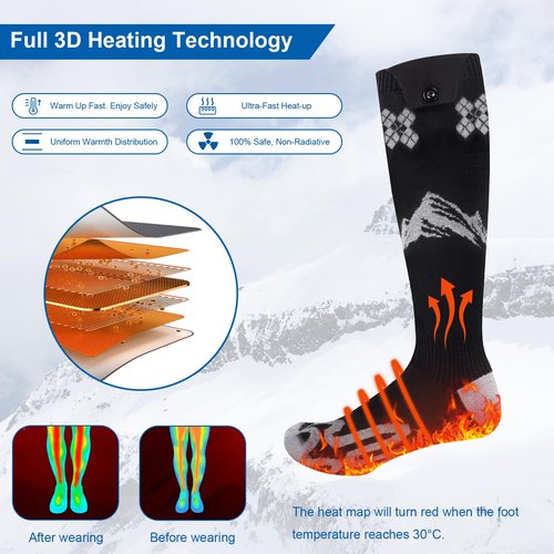 Heated Socks for Men Women, Rechargeable Electric Socks 5000mAh Battery*2 with 4 Heating Levels 3D Heating for Skiing Hunting Riding Camping Hiking Fishing Cycling Outdoor Warm Winter Socks (Grey)