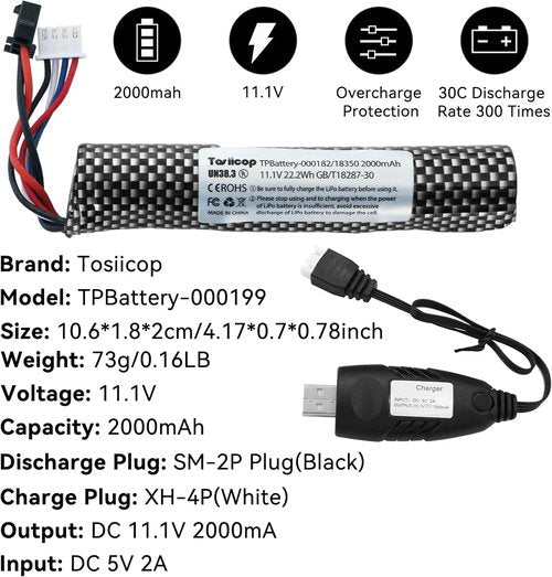 Airsoft Gel Blaster Battery - 11.1V 2000mAh Rechargeable Water Bead Battery with Mini Tamiya Plug - 1 Pack