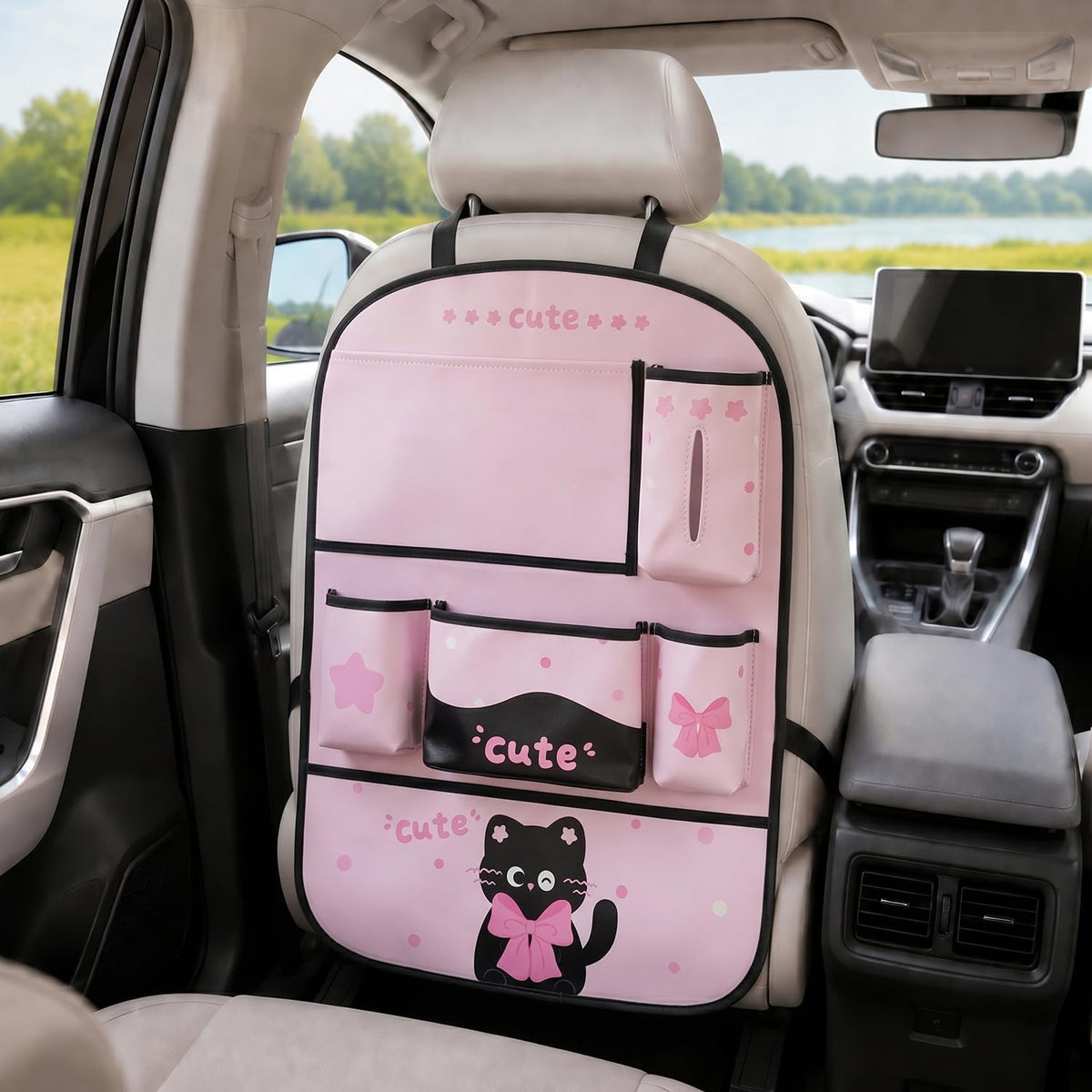 YUNZLAN Cute Panda Leather Car Backseat Organizer 1 Pack Car Seat Back Protectors with Clear 10" Tablet Holder + 4 Storage Pockets
