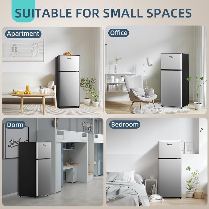 3.8 Cu Ft Mini Fridge for Bedroom Small Fridge, Small Refrigerator | 2 Door Mini Fridge with Freezer 7 Level Thermostat, LED Light, for Bedroom, Office, Dorm