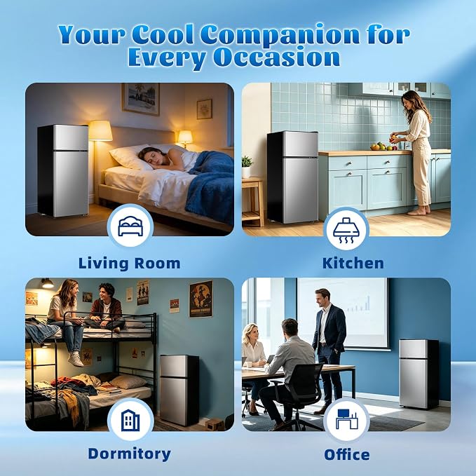 Mini Fridge with Freezer Ample Capacity 2.6 Cubic Feet Small Refrigerator with Top Freezer & 7 Adjustable Temperature 2 Door Small Fridge for Office, Dorm, Bedroom Silver