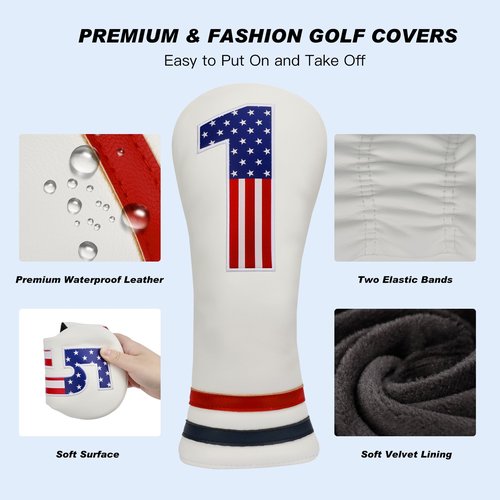Golf Club Covers, 4pcs Premium PU Leather Golf Club Head Covers for Woods and Driver Fairway Hybrid, USA Flag Patriotic Golf Head Covers for Men and Women - Fits Most Golf Clubs(White)