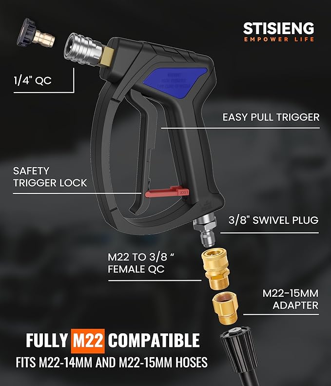 Short Pressure Washer Gun with 360° Swivel, High Pressure Stubby Power Washer Gun Kit with 5 Nozzle Tips, M22-14mm & 15mm Adapters, 3/8" QC for Car Wash Detailing & Cleaning (Black)