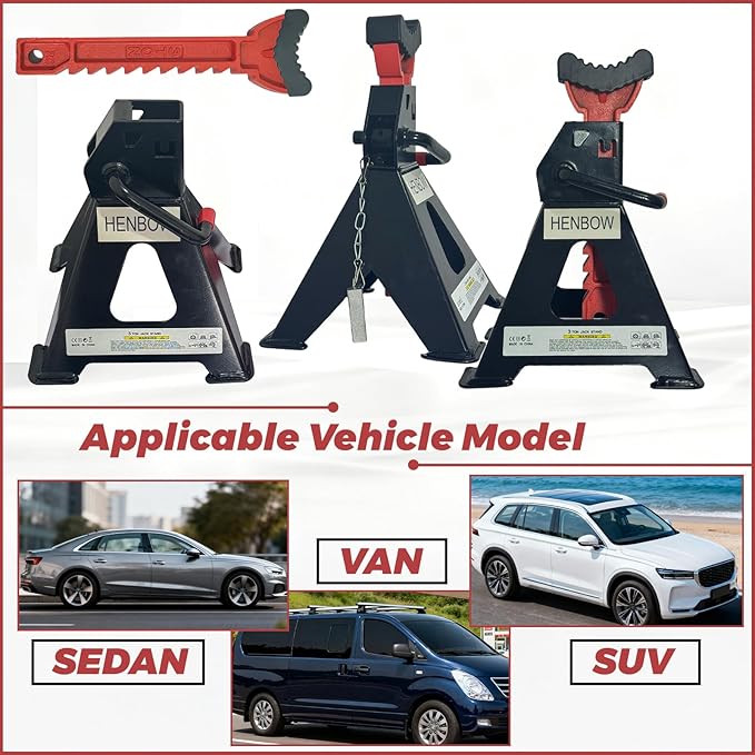 HENBOW Jack Stands,3 Ton Jack Stands with Solid Wheel Chocks,6600lbs Capacity,11"-16.33" Adjustable Car Lift Stands with Double Pin Locking,Black,1 Pair