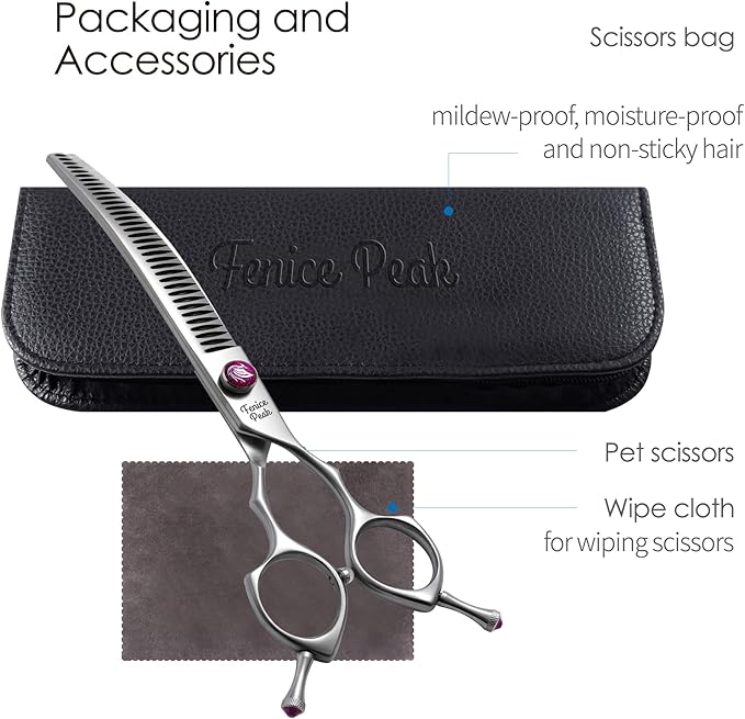 Fenice Peak 8.0‘’ Curved Chunker Dog Grooming Scissors with Purple Flashing Screw Professional 440C Stainless Steel Natural Color Pet Trimming Shears with Offset Handle Durable and Sharp