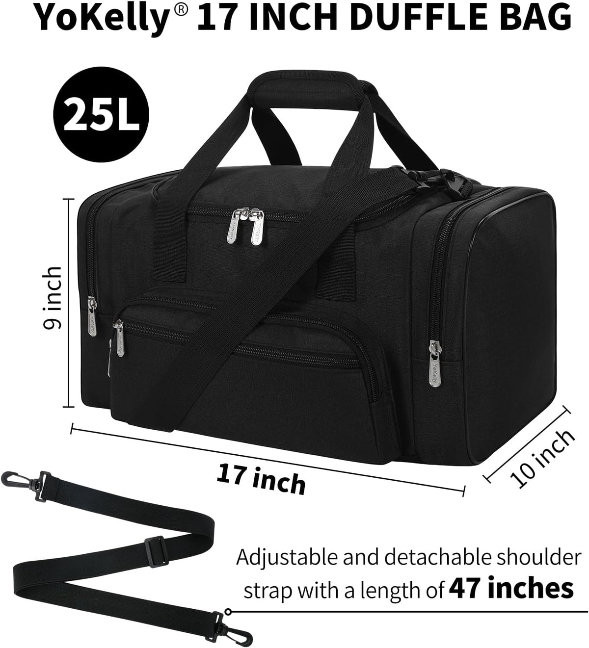 Skiennix Small Duffel Bag - 17-Inch Carry-On Weekender for Travel & Gym - Black (17x10x9 in)