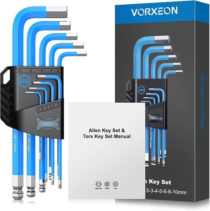 9 PCS Blue Allen Wrench Set Hex Keys 1.5-10 mm Metric Long Ball Flat End Cr‑V and S2 Steel L-key with Visible coding for Handyman DIY Bike Auto Repair Tools