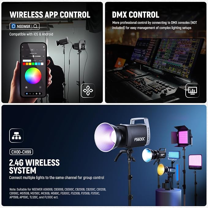 NEEWER Pro 600W RGB LED Video Light APP/2.4G/DMX Control, 2500-7500K 52500lx/1m
