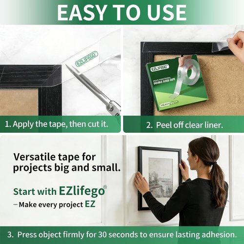 EZlifego Heavy-Duty Double-Sided Tape - Clear Nano Adhesive for Picture Hanging (9.85FT)