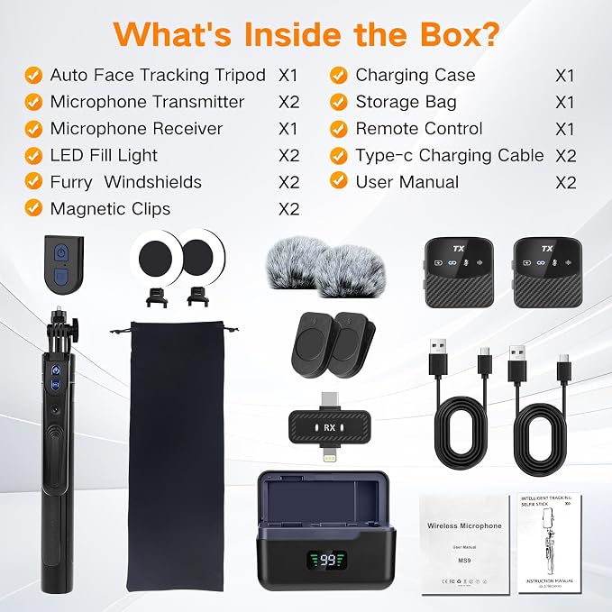 Professional Vlogging Kit for iPhone/Android, 70”Auto Face Tracking Tripod for