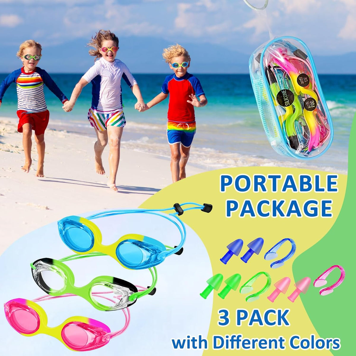 XDX Kids Swim Goggles - 3 Pack With Adjustable Bungee Strap | Anti-Fog, Leak-Proof for Ages 3-14