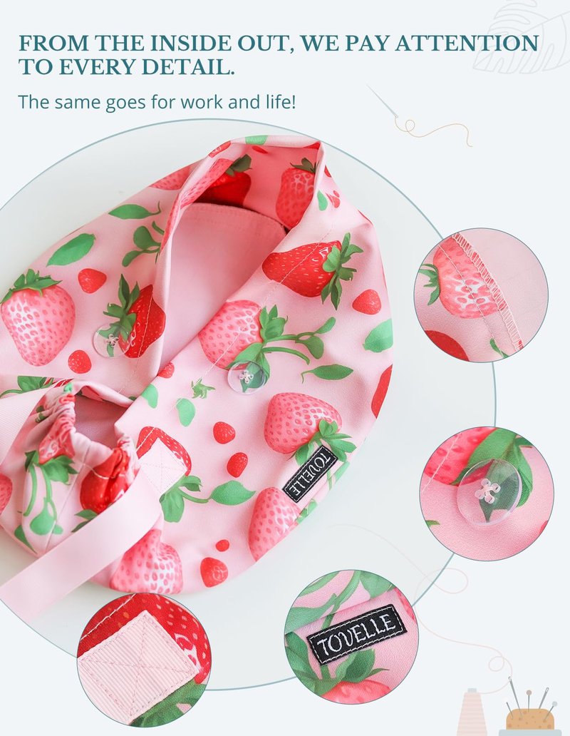 Strawberry Print Scrub Caps for Women with Buttons, Pink Surgical Tech Head Cover, Adjustable Euro Style Scrub Hat for Long or Short Hair