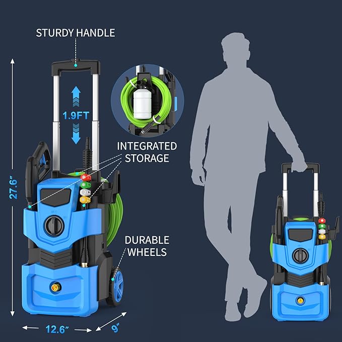 Adjustable Electric Pressure Washer 5000PSI with 33FT Flexible Extension Hose + 34FT Power Cord, 4 Nozzles, Foam Cannon, Best Power Washer for Cars, Patios, Driveways, Blue