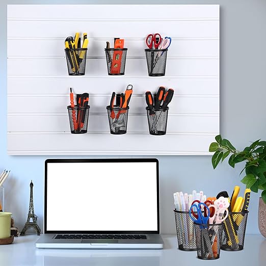 Briwooody 6 Set Slatwall Accessory Cups with Hook, Slatwall Holder Organizer Accesories, Slat Wall Bin Metal Mesh Pencil Tool Holder Steel Cups for Craft Garage Workshop Office Storage(Medium,Black)