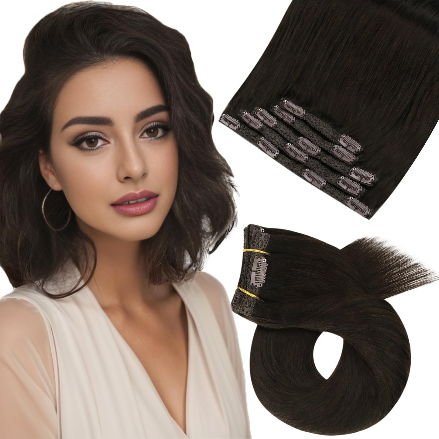 Moresoo Clip On Hair Extensions Human Hair Brown Double Weft Clip In Human Hair Extensions Darkest Brown Hair Extensions Clip In
