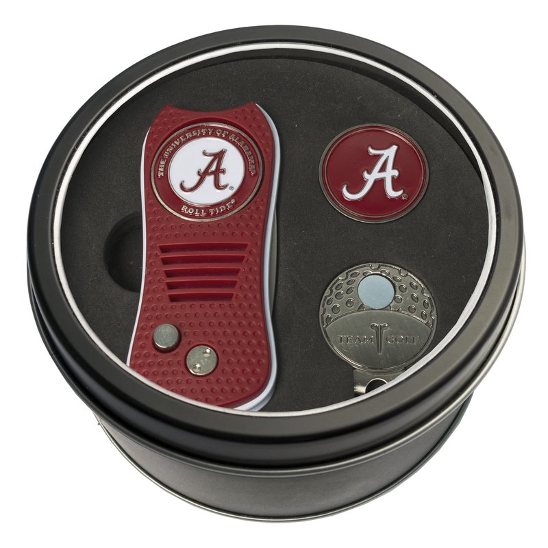 Team Golf NCAA Alabama Crimson Tide Tin Gift Set with Retractable Divot Tool, Cap Clip, and Ball Marker Gift Set Retractable Divot Tool, Cap Clip, & 2 Double-Sided Enamel Ball Markers, Patented Design, Less Damage to Greens, Retractable Mechanism