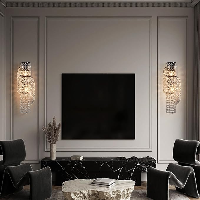 K9 Crystal Wall Sconces, Adjustable 3-Color LED Wall Light with Titanium Black Metal Frame, Modern Living Room/Bathroom/Bedroom Lighting Fixture (Easy Install)