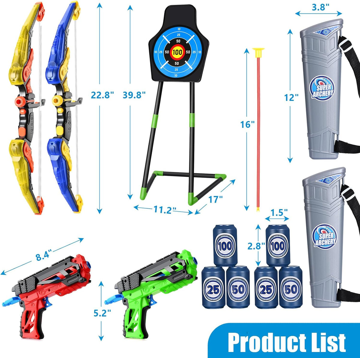 Skiennix Bow and Arrow Toy Set - 2 Pack with 24 Suction Cup Arrows & Target | Indoor/Outdoor Sports Gift for Ages 4-12