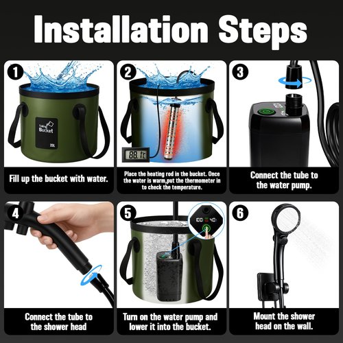 Motivekit™ Portable Camping Shower | 6.6 Gallons Foldable Bucket, 6000mAh Shower Pump, 6' 7" Shower Head, 1500W Immersion Heater, Summer Beach Outdoor Showering Hiking Pet Bath RV Car Wash Water Plant