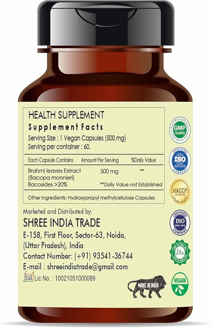 Brahmi Extract 500mg - 60 Vegetarian Capsules|Bacopa Monnieri Bacosides| All Natural | 100% Vegan | Gluten-Free | GMP Certified