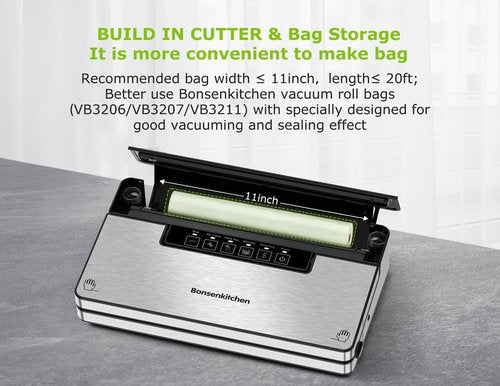 Bonsenkitchen Vacuum Sealer Machine - Stainless Steel Food Sealer with 5 Modes & Built-in Cutter | Silver Black