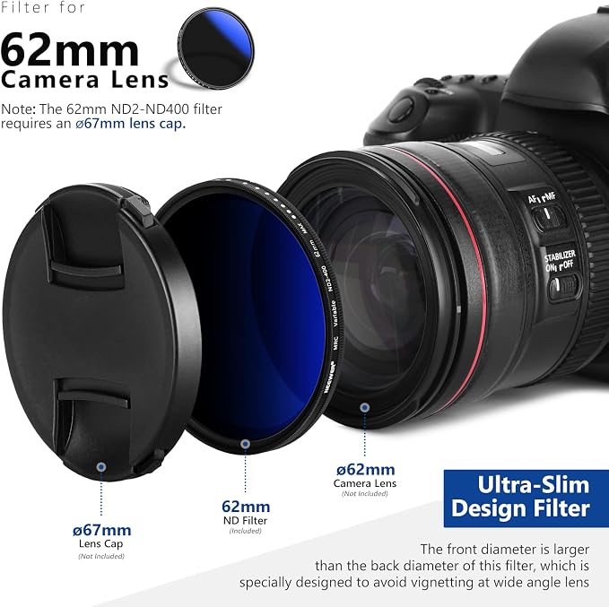 NEEWER 62mm Variable ND Filter ND2-ND400, Neutral Density Filter, Water and