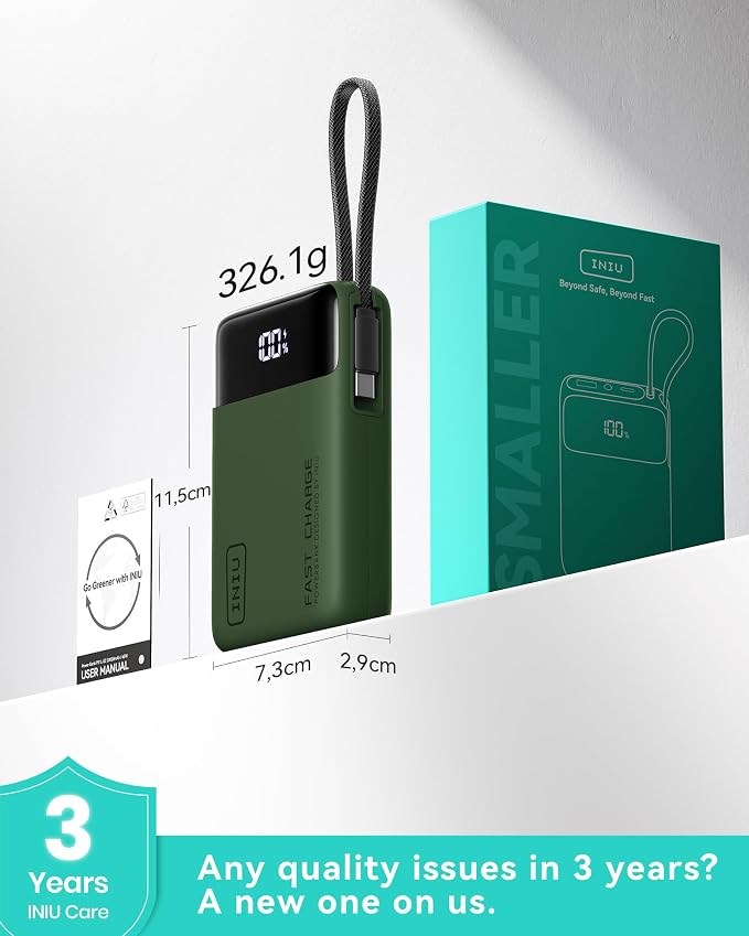 INIU 20000mAh Power Bank, Small Portable Charger, 45W PD Fast Charging Battery Pack with Build in USB-C Cable, Travel Phone Charger for iPhone 17 16 15 14 Air Samsung S25 S24 Google iPad Xiaomi, Green