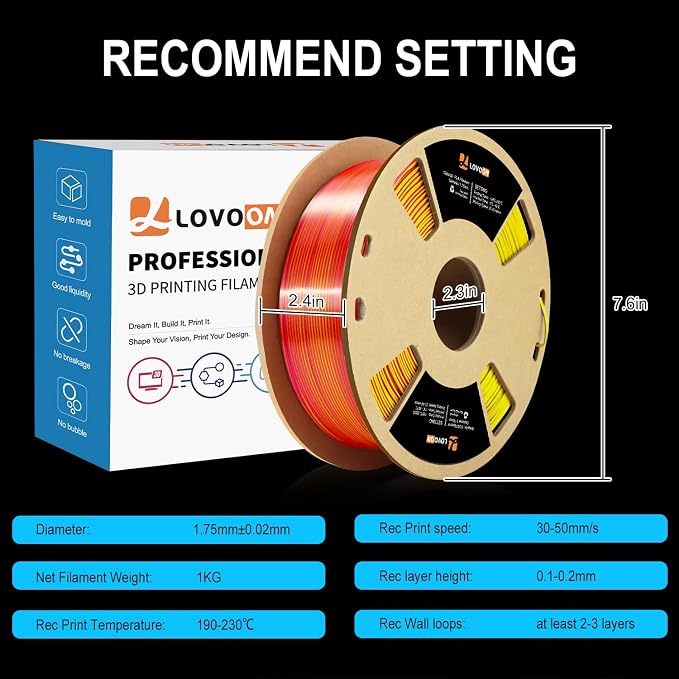 LOVOON 3D Tri-Colors PLA Printer Filament 1.75mm, Silk PLA Red Yellow Blue