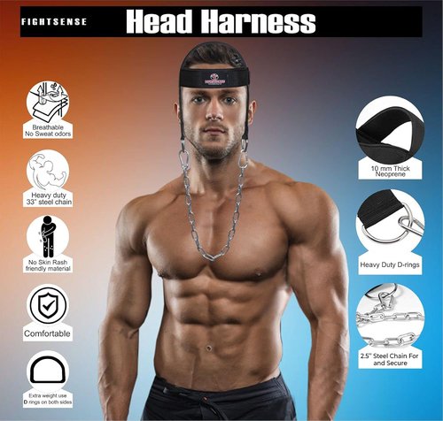 Fightsense Neck Harness Adjustable Padded Strap with Steel Chain, Weight Lifting Head Harness for Neck Exercise in Home & Gym (Black L)