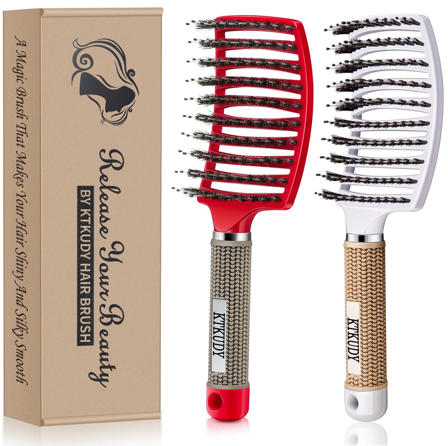 Detangling Brush Boar Bristles Set Ktkudy Hair Brush Curved And Vented Detangler Brush For Women Men Kids Wet And Dry Hair (Red&