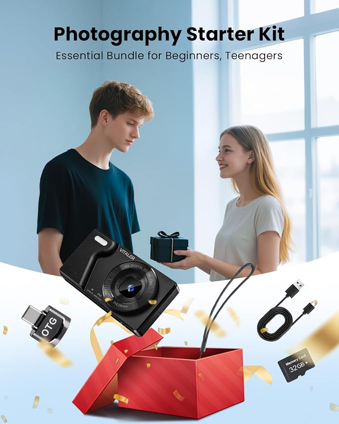 Digital Camera with Front Rear Lens, Autofocus 64MP 4K Camera