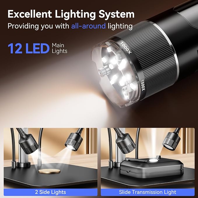 TOMLOV TriL107 3-Lens Digital Microscope: 7" 2500X 2K HD Coin Microscope