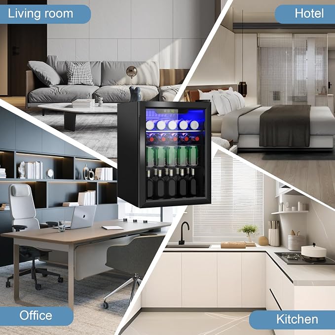 Erivess Mini Fridge 95 Can Beverage Refrigerator Cooler Glass Door for Soda | 2.6 Cu Ft Drink Fridge for Home/Bar/Office with LED Display, Digital Temperature Control, Removable Shelves for Wine, Black