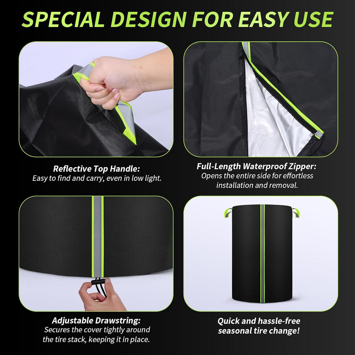 Tire Cover for Storage, 420D Oxford Waterproof Up to 28in Tire Bag with Reflective Handles 4 Felt Pads, Fits 4 Tires Storage Bag W/Zipper & Drawstring Lock for UV Protection, Dirt-Resistant