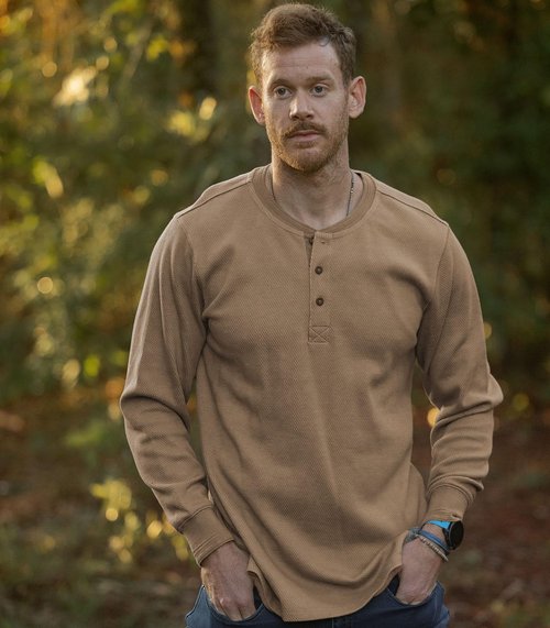 Legendary Whitetails Mens Henley Long Sleeve Thermal Heavyweight Shirt, Khaki, XL