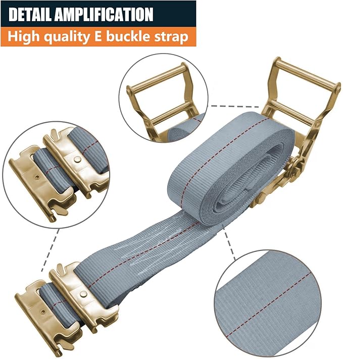 8Pack E-Track Straps Ratchet Etrack Strap Box Truck Strap Tie Down Heavy Duty 2" x15' 4400lbs Breaking Load, 2200 Working Load E-Track Accessories Grey