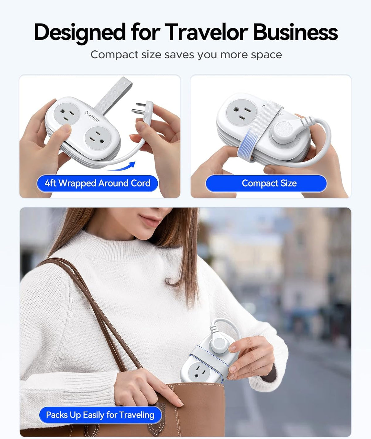 ORICO Travel Power Strip - 4 Outlets & 3 USB Ports (1 USB-C) | Compact 4FT Extension Cord for Hotels & Cruises