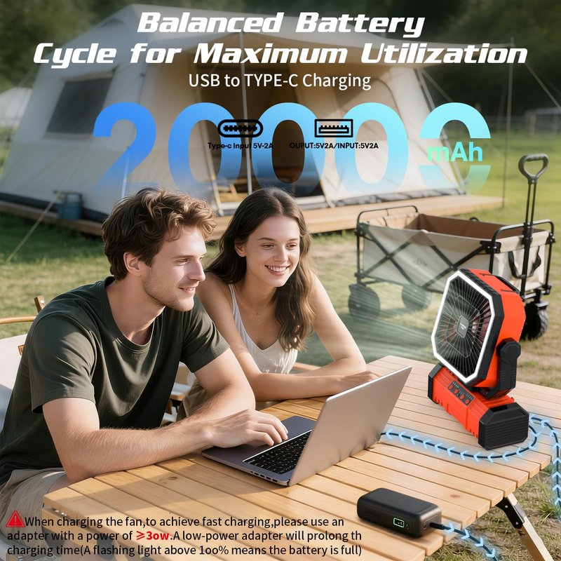 Super RGB 20000mAh Portable Camping Fans,Rechargeable Battery-Operated Oscillating Tent Fan with 4-Speeds,LED Light & Remote 360° Rotating Hook for Home,Outdoor and RV Travel in Summer Orange
